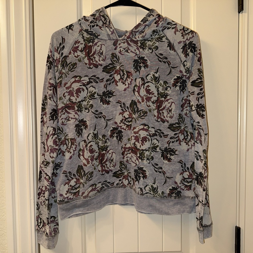 Aeropostale Floral Hoodie Women's Medium Gray Pink Rose Burnout Raglan Y2K Boho